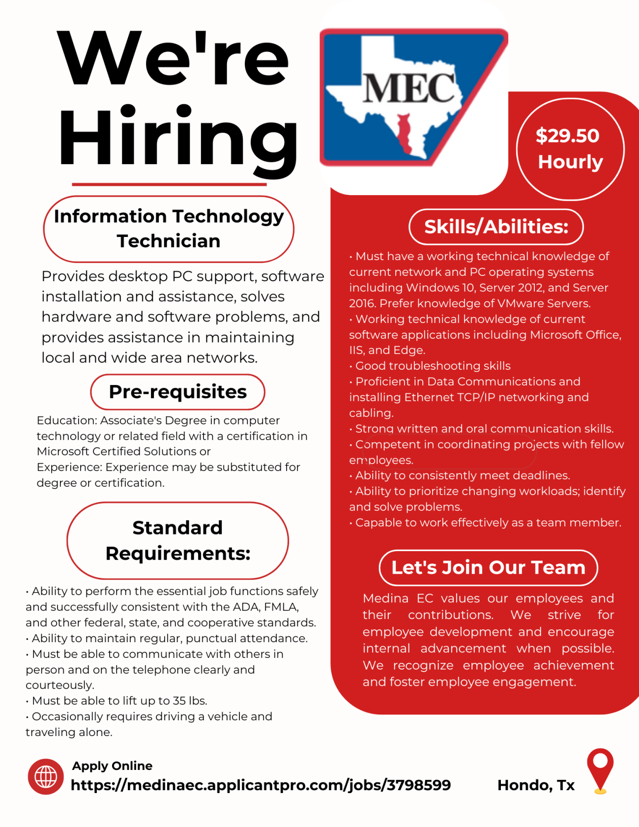 Information Technology Technician - Medina Electric job flyer